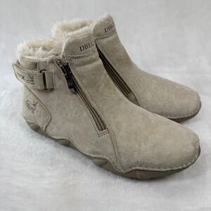 DBECK Tan Suede Faux Fur Lined Ankle Boots Dual Zip EU 38 Womens Comfort 7.5